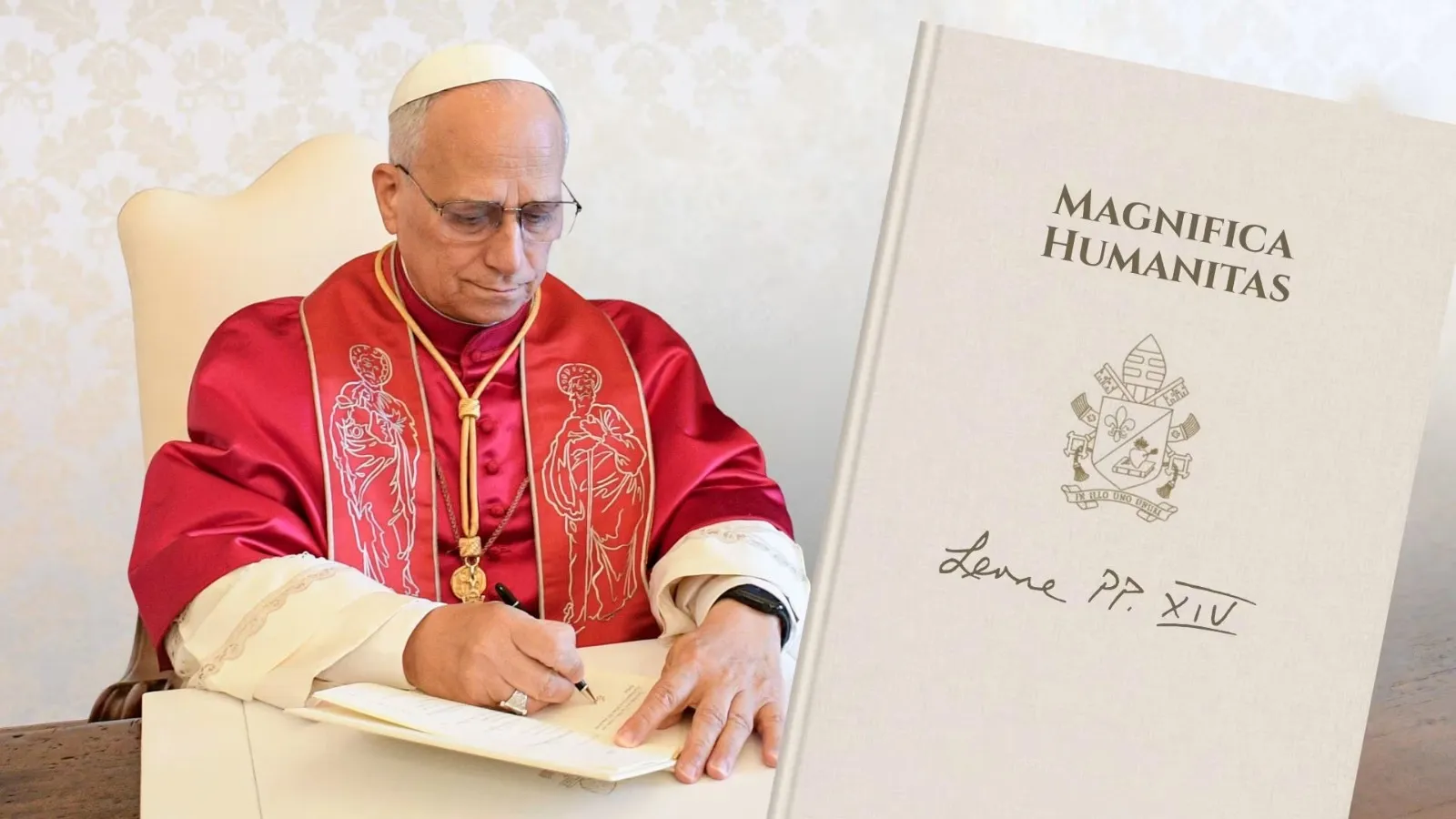 Selo do Vaticano com o título da carta encíclica 'Magnifica Humanitas' sobre Inteligência Artificial, simbolizando a posição da Igreja.